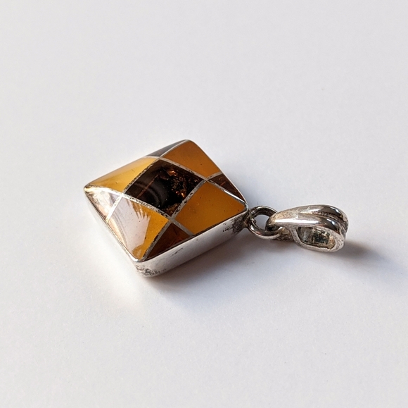 Sterling And Baltic Amber Checkerboard Pendant - Picture 5 of 6